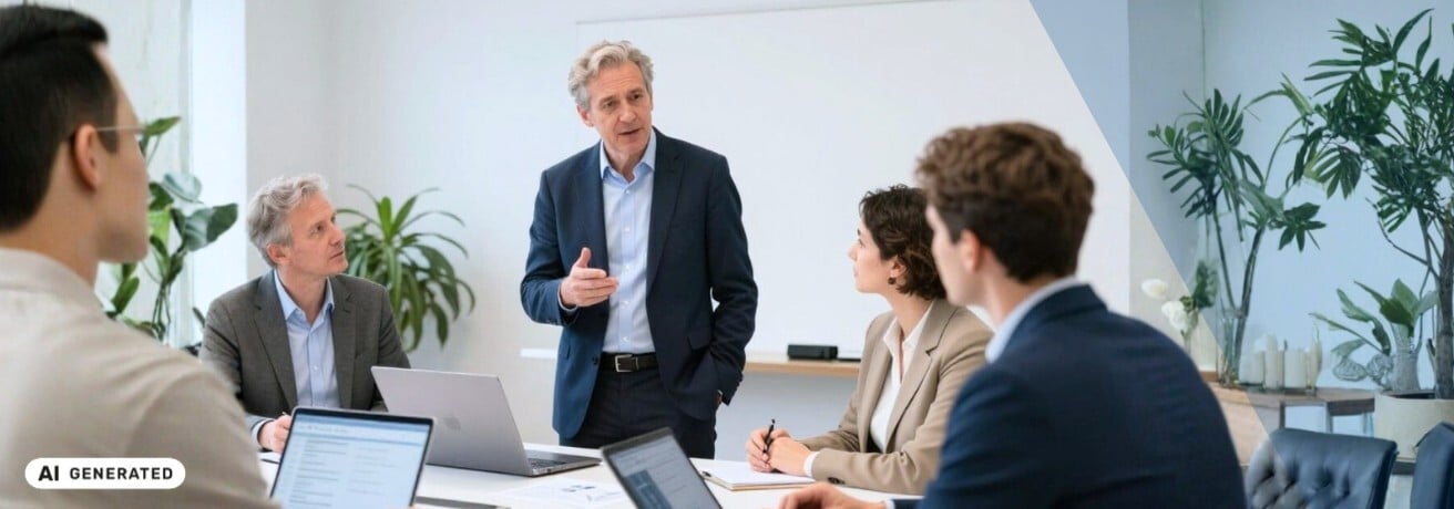 Älterer Mann im Businessanzug steht in einem Besprechungsraum und spricht mit mehreren Personen am Konferenztisch mit Laptops – KI-generiertes Symbolbild Interim Management für Nachfolge und Übergänge