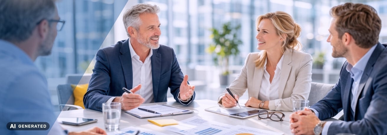 Vier Personen in Businesskleidung sitzen an einem Konferenztisch mit Unterlagen und Diagrammen, ein Mann in der Mitte spricht und gestikuliert, im Hintergrund hohe Fensterfront mit Stadtansicht – KI-generiertes Symbolbild Interim Management für Private-Equity-Gesellschaften