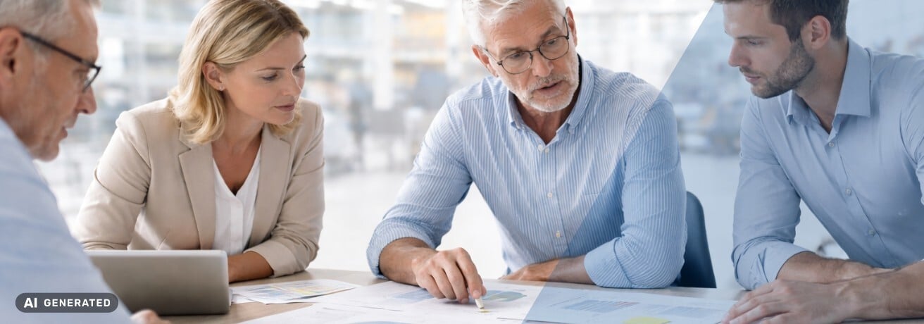 Drei Personen in Businesskleidung beugen sich über einen Tisch mit Berichten und Diagrammen, ein Mann mit Brille zeigt mit einem Stift auf eine Grafik, die anderen schauen konzentriert zu – KI-generiertes Symbolbild Interim Management für Restrukturierung“