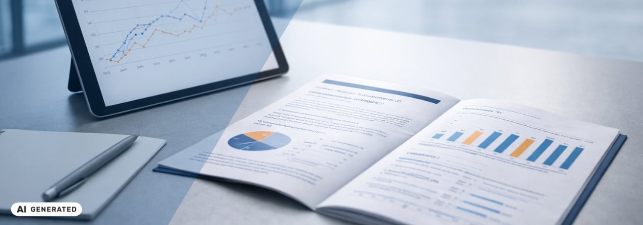 Aufgeschlagener Studienbericht mit Diagrammen neben Tablet mit Liniendiagramm sowie Notizblock und Stift auf einem Tisch – KI-generiertes Symbolbild für Studie zum Interim Management‑Marktgeschehen in der DACH‑Region