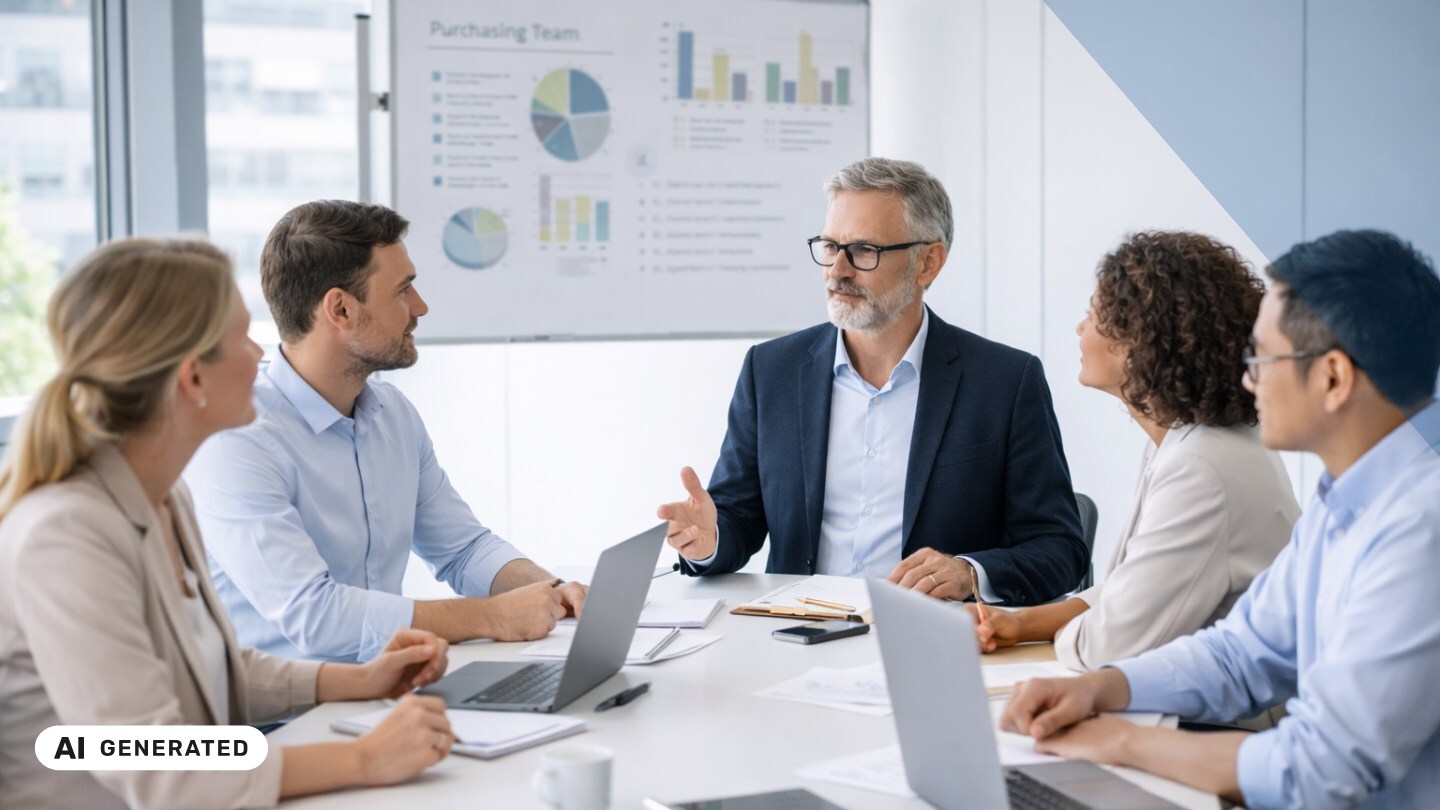 Fünf Personen sitzen an einem Konferenztisch mit Laptops und Unterlagen, ein Mann mit grauen Haaren spricht und gestikuliert, im Hintergrund hängt ein Poster mit Diagrammen – KI-generiertes Symbolbild Interim Management für Lebensmittel- und FMCG-Branche Fünf Personen sitzen an einem Konferenztisch mit Laptops und Unterlagen, ein Mann mit grauen Haaren spricht und gestikuliert, im Hintergrund hängt ein Poster mit Diagrammen – KI-generiertes Symbolbild Interim Management für Lebensmittel- und FMCG-Branche