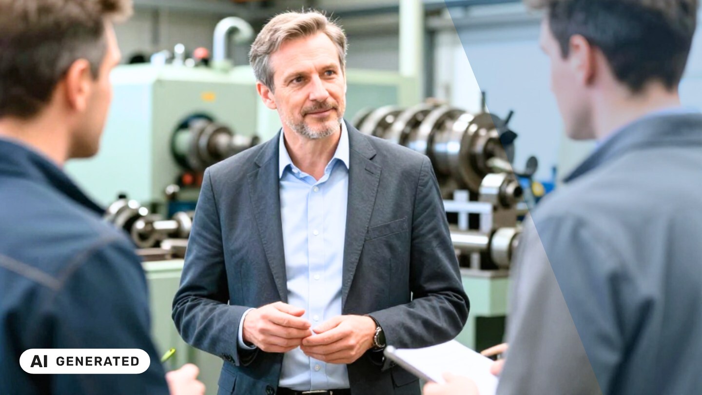 Mann im Sakko und Hemd steht in einer Werkhalle vor einer Maschine und spricht mit zwei Personen im Vordergrund – KI-generiertes Symbolbild Interim Management für Metall- und Elektrobranche Mann im Sakko und Hemd steht in einer Werkhalle vor einer Maschine und spricht mit zwei Personen im Vordergrund – KI-generiertes Symbolbild Interim Management für Metall- und Elektrobranche
