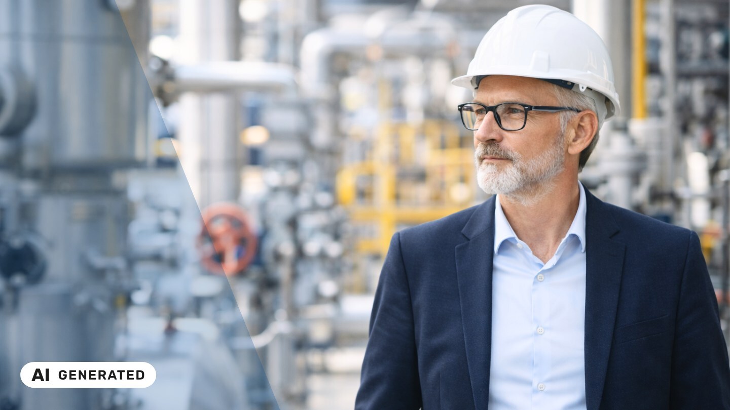 Mann mit weißem Schutzhelm, Brille und Sakko steht vor einer Industrieanlage mit Rohrleitungen und Ventilen und blickt zur Seite – KI-generiertes Symbolbild Interim Management für Chemie-, Energie- und Rohstoffbranchen Mann mit weißem Schutzhelm, Brille und Sakko steht vor einer Industrieanlage mit Rohrleitungen und Ventilen und blickt zur Seite – KI-generiertes Symbolbild Interim Management für Chemie-, Energie- und Rohstoffbranchen