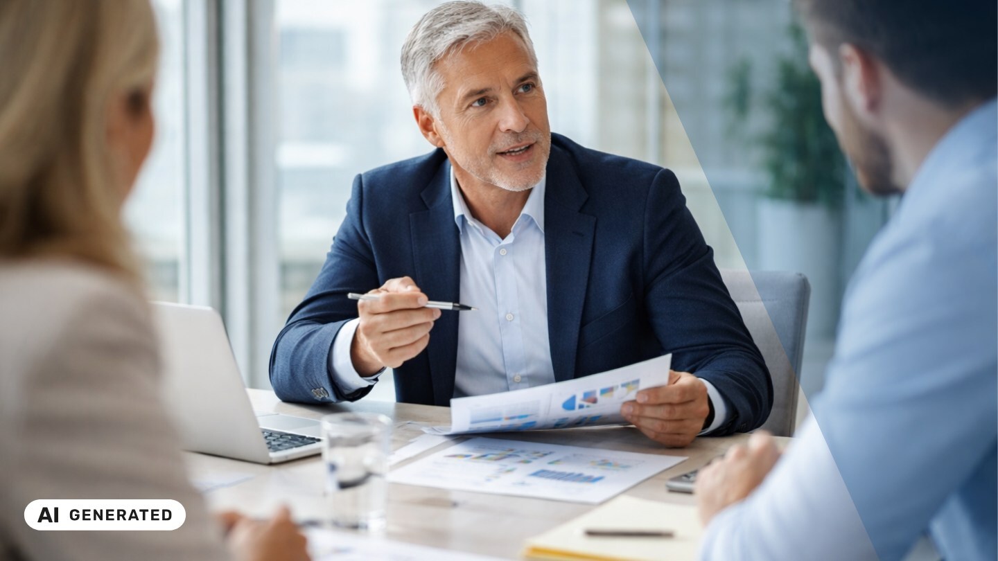 Mann im Anzug sitzt an einem Konferenztisch mit Diagrammen und Unterlagen, hält einen Stift in der Hand und spricht mit zwei Personen im Vordergrund – KI-generiertes Symbolbild Interim Management für Private-Equity-Gesellschaften Mann im Anzug sitzt an einem Konferenztisch mit Diagrammen und Unterlagen, hält einen Stift in der Hand und spricht mit zwei Personen im Vordergrund – KI-generiertes Symbolbild Interim Management für Private-Equity-Gesellschaften