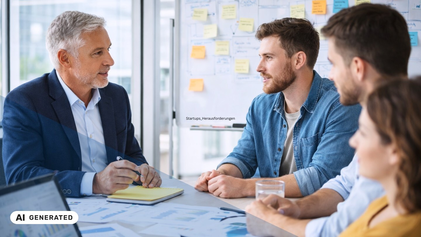 Älterer Mann im Sakko mit Notizblock in der Hand sitzt an einem Konferenztisch und spricht mit drei jüngeren Personen, im Hintergrund ein Whiteboard mit vielen Haftnotizen – KI-generiertes Symbolbild Interim Management für Start-ups