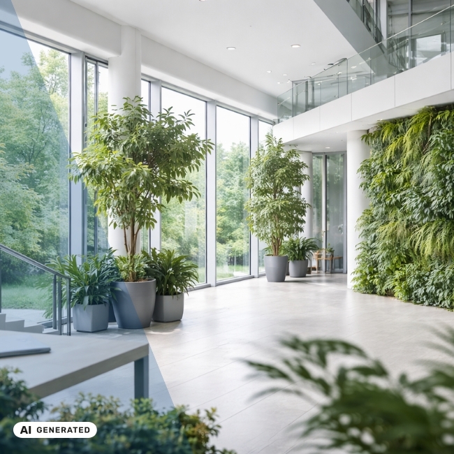 Lichterfüllter Büroflur mit durchgehender Glasfront und mehreren großen Grünpflanzen in grauen Töpfen – KI-generiertes Symbolbild Interim Management für ESG