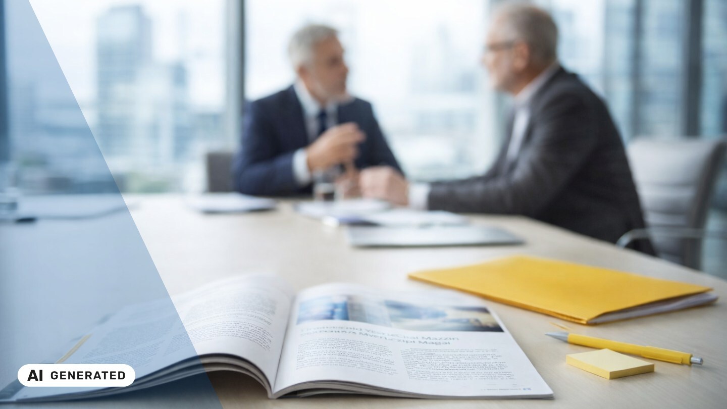 Aufgeschlagenes Magazin, gelbe Mappe und Stift liegen auf einem Konferenztisch, im Hintergrund unscharf zwei Männer im Gespräch vor einer Fensterfront mit Stadtblick – KI-generiertes Symbolbild Interim Management für Private-Equity-Gesellschaften Aufgeschlagenes Magazin, gelbe Mappe und Stift liegen auf einem Konferenztisch, im Hintergrund unscharf zwei Männer im Gespräch vor einer Fensterfront mit Stadtblick – KI-generiertes Symbolbild Interim Management für Private-Equity-Gesellschaften