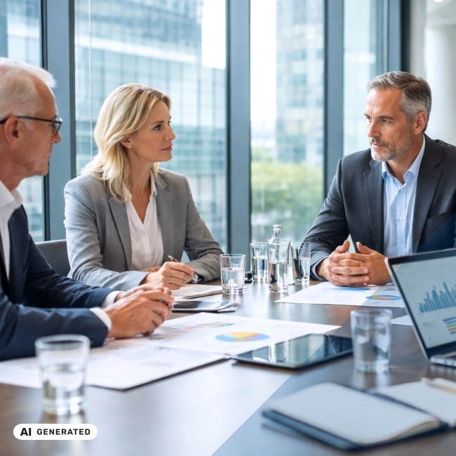 Drei Personen in Businesskleidung sitzen an einem Konferenztisch mit Unterlagen, Diagrammen und Wassergläsern, zwei blicken sich über den Tisch hinweg an, im Hintergrund hohe Fenster mit Blick auf Bürogebäude – KI-generiertes Symbolbild Interim Management für Private-Equity-Gesellschaften Drei Personen in Businesskleidung sitzen an einem Konferenztisch mit Unterlagen, Diagrammen und Wassergläsern, zwei blicken sich über den Tisch hinweg an, im Hintergrund hohe Fenster mit Blick auf Bürogebäude – KI-generiertes Symbolbild Interim Management für Private-Equity-Gesellschaften