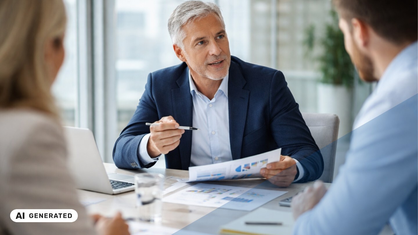 Älterer Mann im Businessanzug sitzt mit zwei Personen an einem Besprechungstisch und erklärt Unterlagen mit Diagrammen – KI-generiertes Symbolbild Interim Management für kritische Entscheidungsphasen Älterer Mann im Businessanzug sitzt mit zwei Personen an einem Besprechungstisch und erklärt Unterlagen mit Diagrammen – KI-generiertes Symbolbild Interim Management für kritische Entscheidungsphasen
