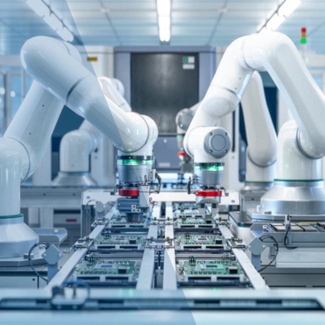 Weiße Industrieroboterarme bestücken eine Fertigungslinie mit Leiterplatten und elektronischen Bauteilen in einer hellen Produktionsumgebung – Symbolbild Interim Management für Metall- und Elektrobranche Weiße Industrieroboterarme bestücken eine Fertigungslinie mit Leiterplatten und elektronischen Bauteilen in einer hellen Produktionsumgebung – Symbolbild Interim Management für Metall- und Elektrobranche