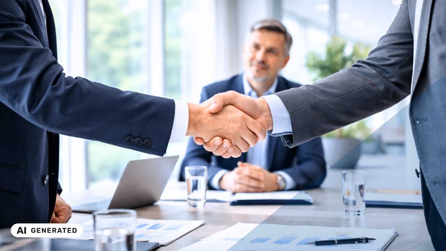 Zwei Personen in Businessanzügen reichen sich über einem Konferenztisch die Hand, auf dem Tisch liegen Unterlagen mit Diagrammen und Wassergläser, im Hintergrund sitzt unscharf eine weitere Person – KI-generiertes Symbolbild Interim Management für Mergers & Acquisitions