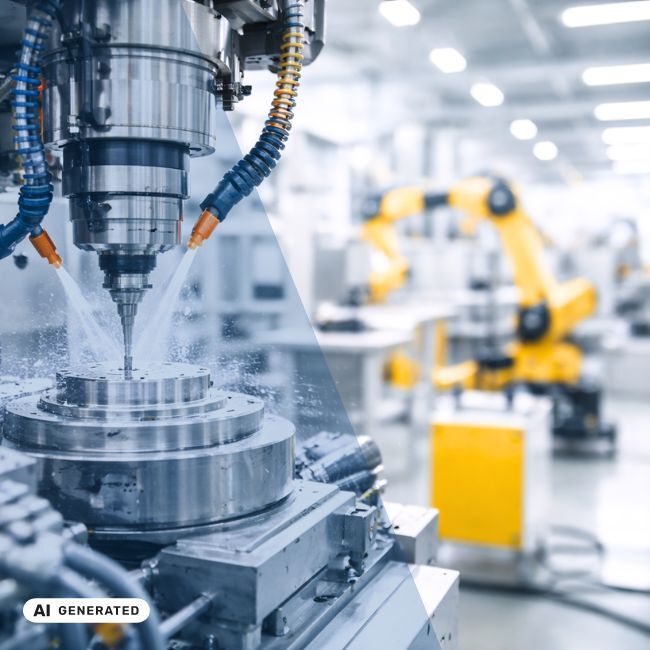 Fräsmaschine bearbeitet ein rundes Metallteil, aus mehreren Düsen spritzt Kühlflüssigkeit, im Hintergrund sind unscharf gelbe Industrieroboter in einer Produktionshalle zu sehen – KI-generiertes Symbolbild Interim Management für Maschinen- und Anlagenbau Fräsmaschine bearbeitet ein rundes Metallteil, aus mehreren Düsen spritzt Kühlflüssigkeit, im Hintergrund sind unscharf gelbe Industrieroboter in einer Produktionshalle zu sehen – KI-generiertes Symbolbild Interim Management für Maschinen- und Anlagenbau