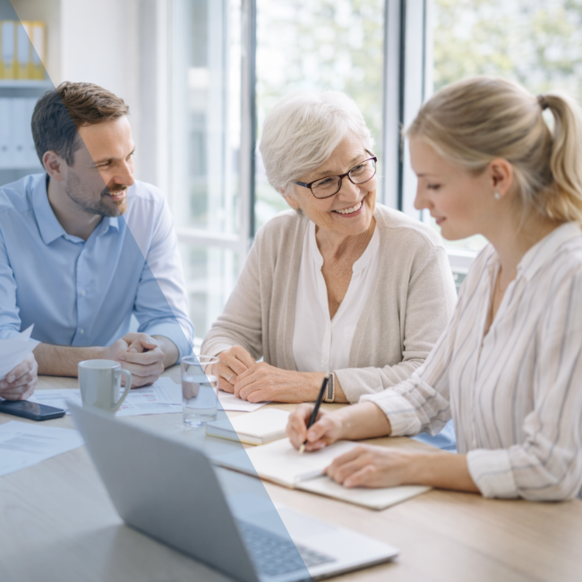 Interim Managerin in Gespräch mit Führungsetage eines Familienunternehmens Interim Managerin in Gespräch mit Führungsetage eines Familienunternehmens