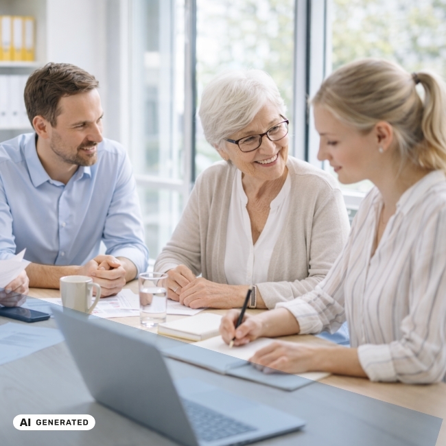 Älterer Frau mit Brille sitzt mit einem jüngeren Mann und einer jungen Frau an einem Tisch, alle schauen lächelnd auf Unterlagen und einen Laptop vor einem hellen Fenster – KI-generiertes Symbolbild Interim Management für Private-Equity-Gesellschaften in Familienunternehmen Älterer Frau mit Brille sitzt mit einem jüngeren Mann und einer jungen Frau an einem Tisch, alle schauen lächelnd auf Unterlagen und einen Laptop vor einem hellen Fenster – KI-generiertes Symbolbild Interim Management für Private-Equity-Gesellschaften in Familienunternehmen