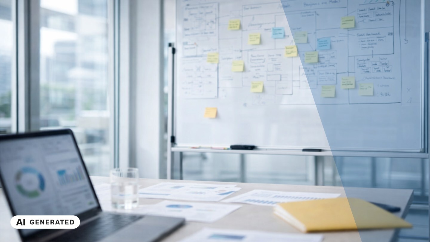 Laptop mit Diagrammen, Wasserglas, Unterlagen und gelber Mappe auf einem Konferenztisch, im Hintergrund ein Whiteboard mit Prozessskizzen und Haftnotizen – KI-generiertes Symbolbild Interim Management für Start-ups
